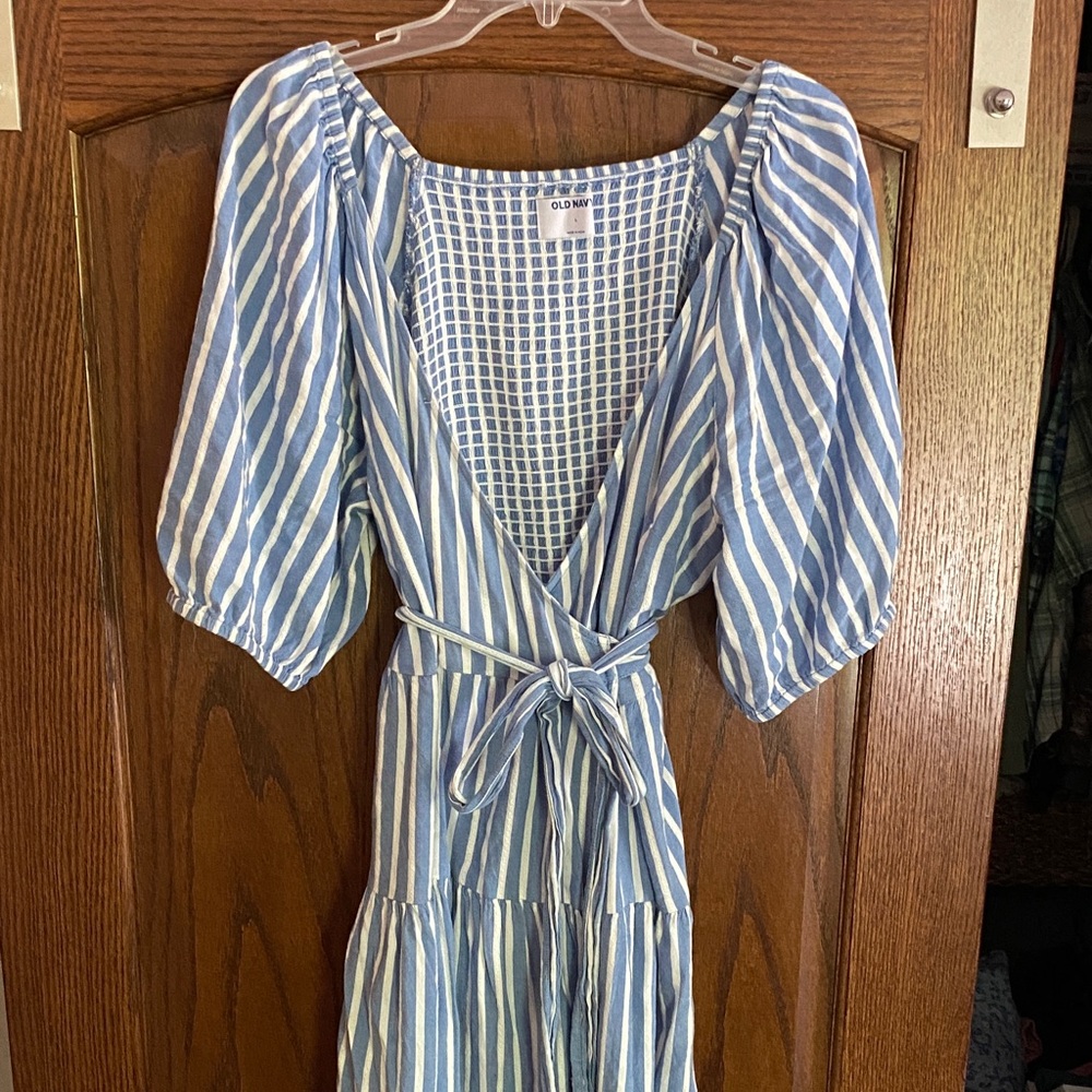 Old Navy Light Blue and White Striped Wrap Midi Dress